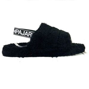 PAJAR BLACK FLUFFY SLIPPER TEDDY BEAR SLIPPER SLINGBACK WITH PAJAR SIGNATURE 8